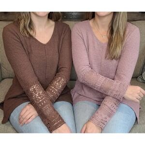 Venus Pink & Brown Boho Style Sweater  With Lace Detail Sleeve S (set Of 2)